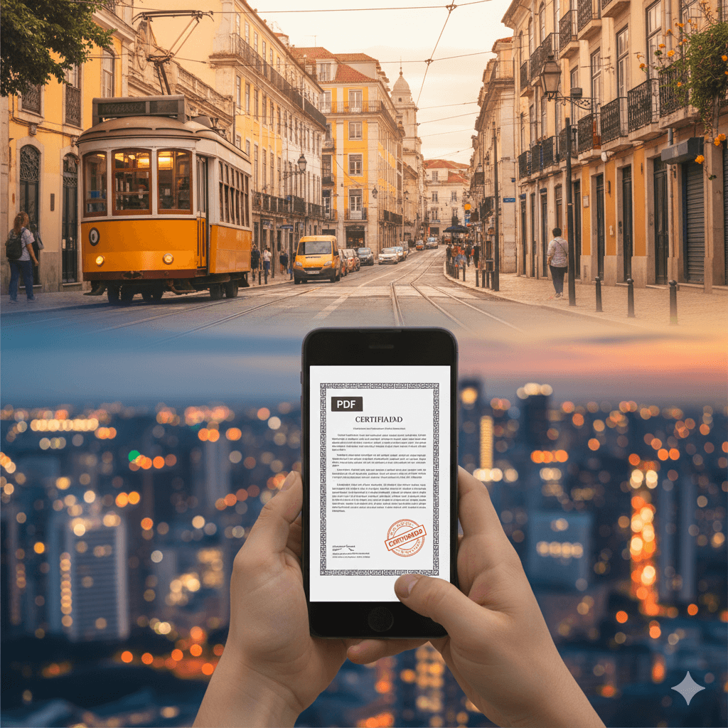 Vertical hero showing Portuguese translation company services bridging Portugal and Brazil on mobile.