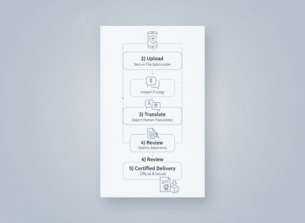 Vertical icon flow showing upload to certified delivery steps for multilingual translation services on mobile.