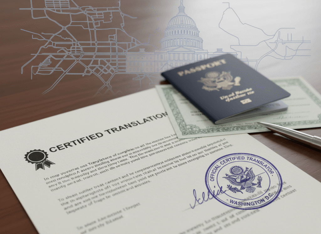Vertical image of certified translation document with official stamp for clients in Washington DC