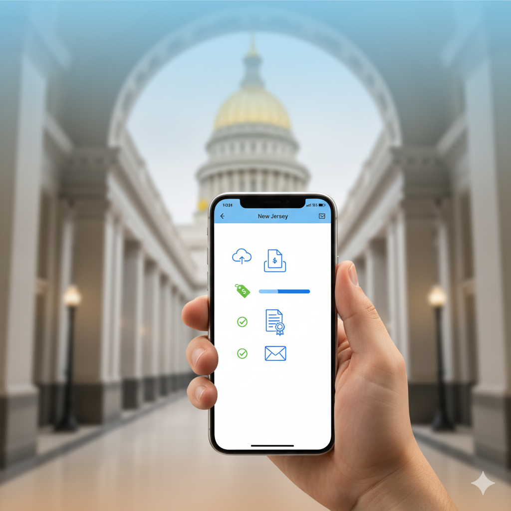 Vertical mobile scene of a customer uploading documents for certified translation in New Jersey, with subtle legal landmarks suggesting government and court use.