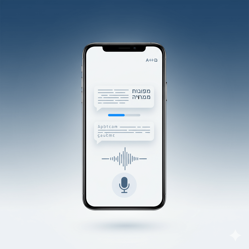 Vertical smartphone concept showing speech-to-text bubbles converting between Hebrew script and English letters with a microphone and A⇄א icon