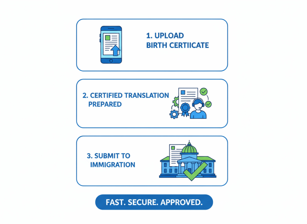 Vertical step-by-step graphic showing how to upload a birth certificate, receive a certified translation, and submit it for immigration use