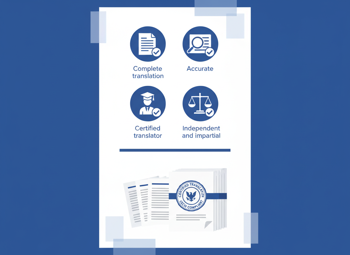 Visual checklist of USCIS certified translation requirements for foreign-language documents