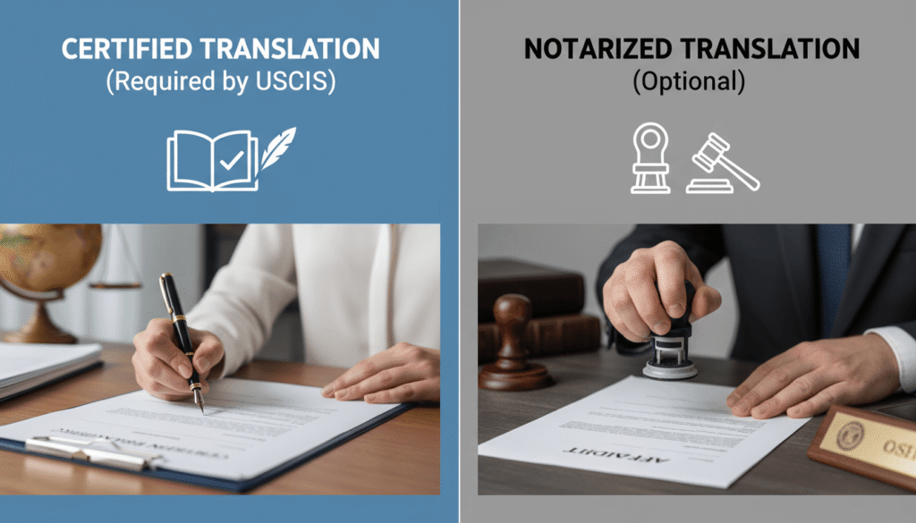 Visual comparison between certified translation required by USCIS and optional notarized translation