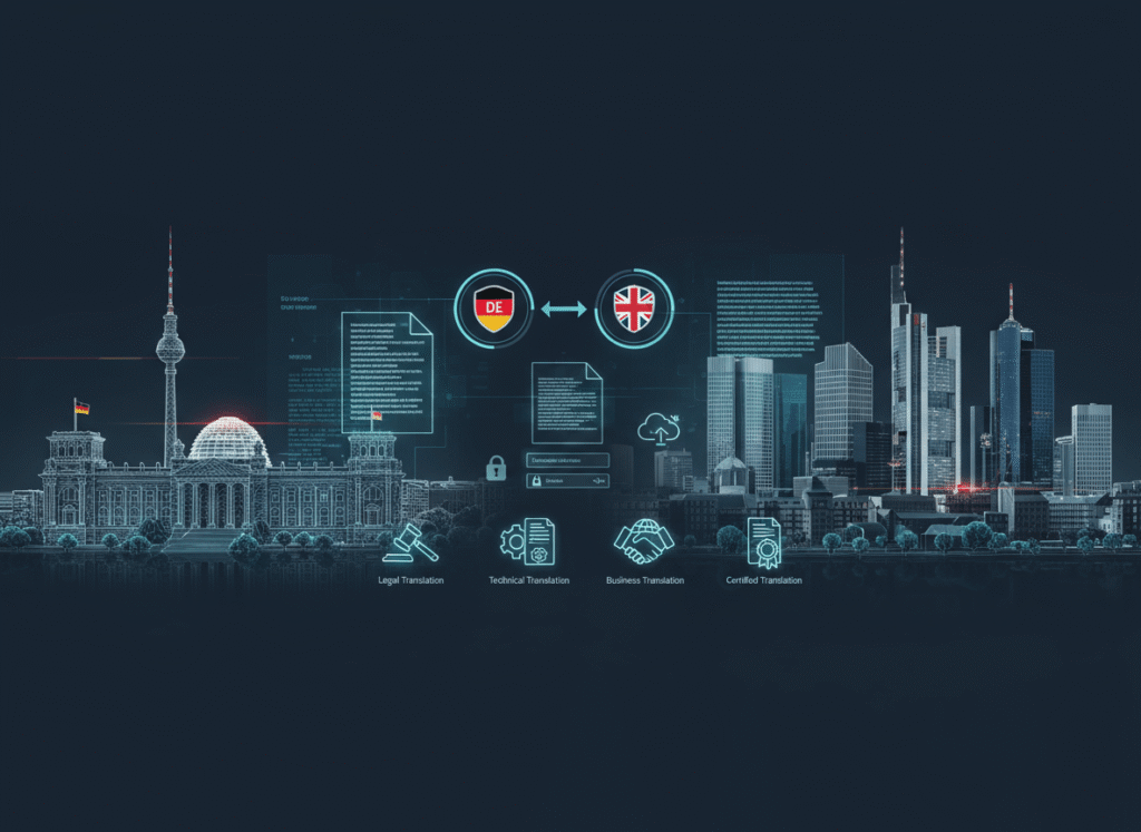 Wide banner image combining German city skyline with a digital translation interface and icons for secure certified German translation services.