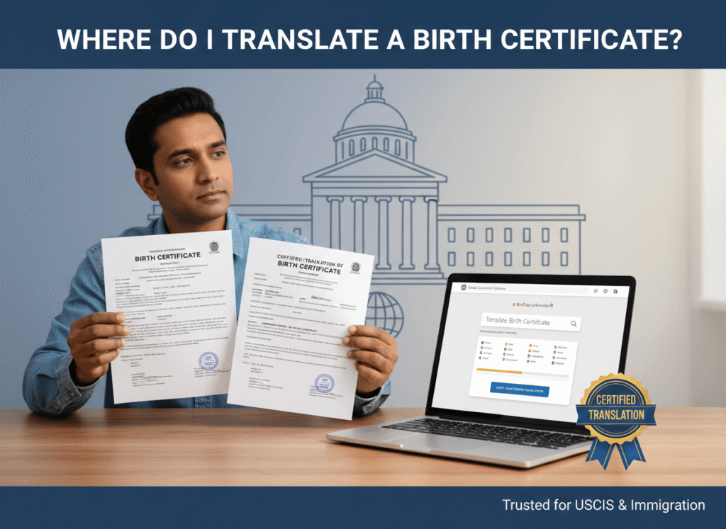 Wide banner showing a client reviewing a certified English translation of a birth certificate beside an online translation service