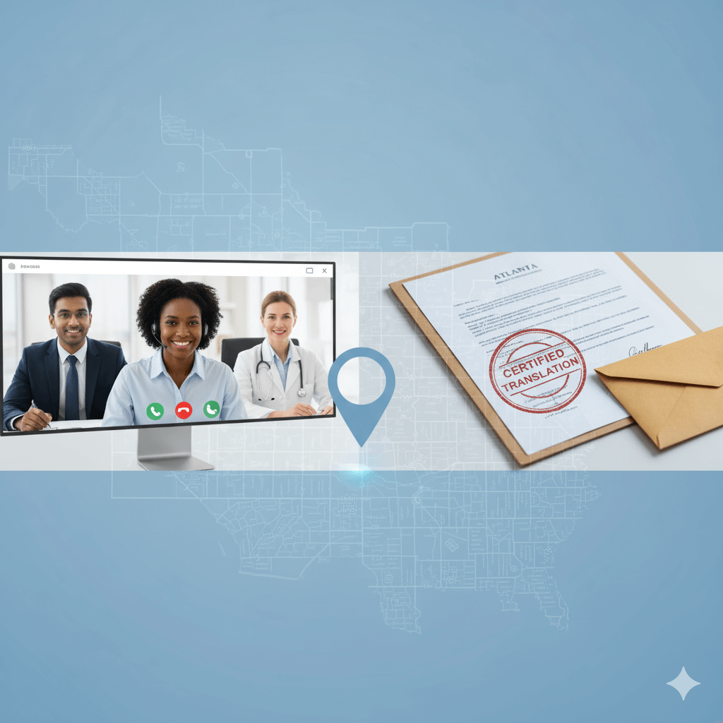 Wide hero banner showing remote interpreting, certified documents, and an Atlanta map pin for translation services in Atlanta