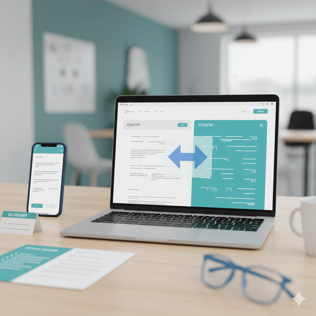 Wide hero image of a desk with a laptop and phone showing LTR and RTL interfaces for English-to-Hebrew localization