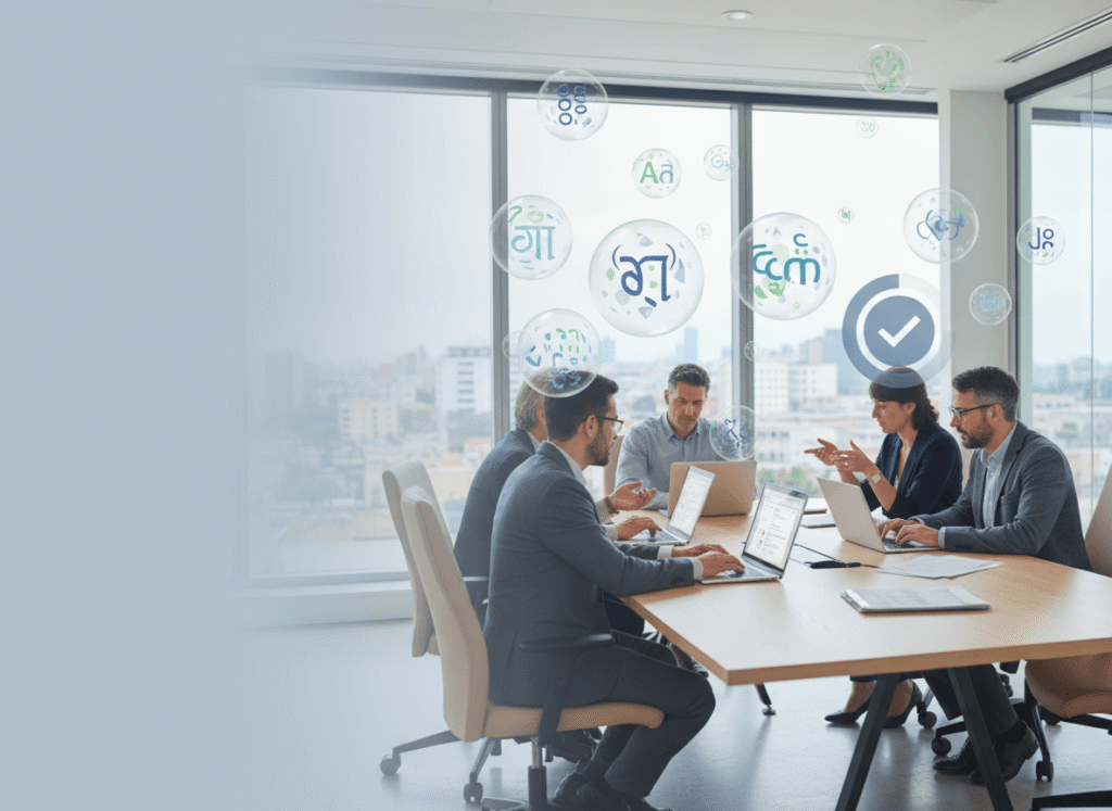 Wide office scene of a multilingual translation team collaborating with abstract language bubbles and a quality-review badge.