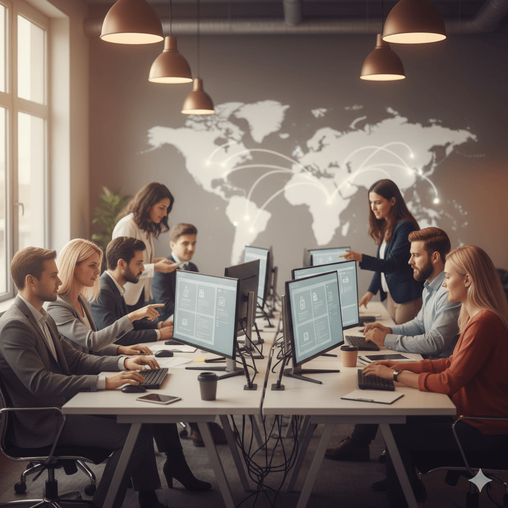 best professional translation services team collaborating in a modern office with a global workflow backdrop