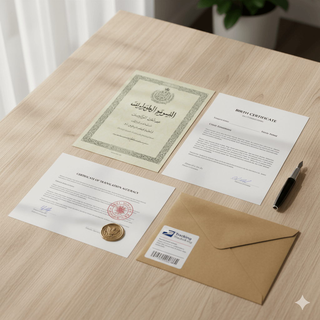 certified arabic translator near me preparing uscis-ready translation with certificate and notary stamp