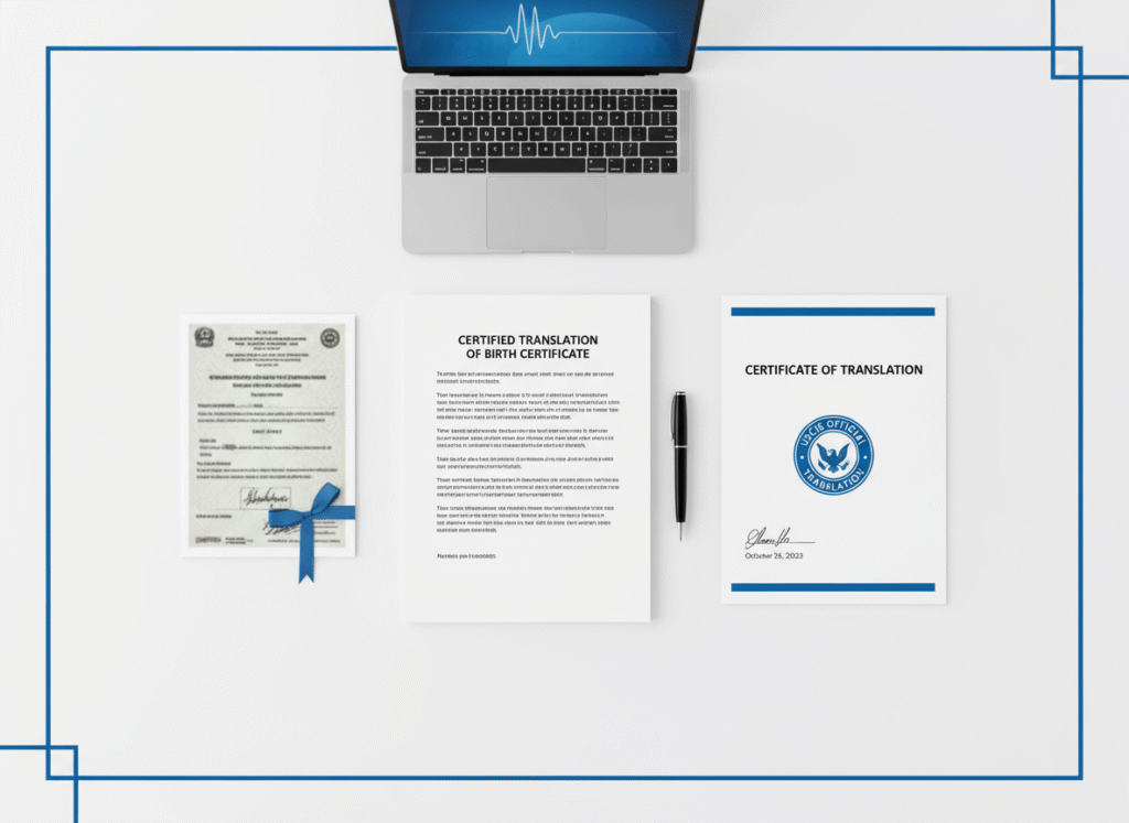 certified translation example showing original document, english translation and signed certificate of translation