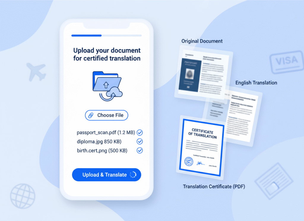 client using mobile phone upload form to order certified translation example with certificate of translation