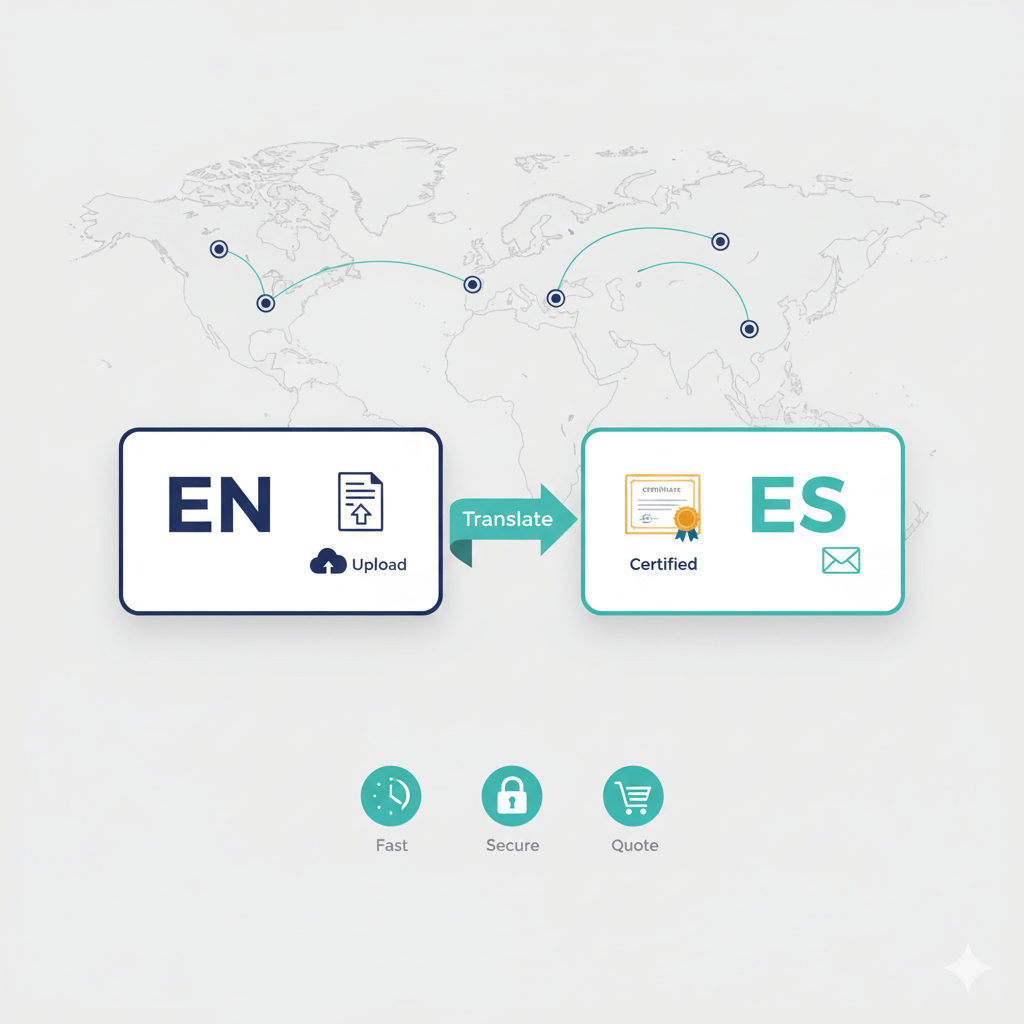 english in spanish certified translation with EN to ES cards and upload-quote-deliver icons