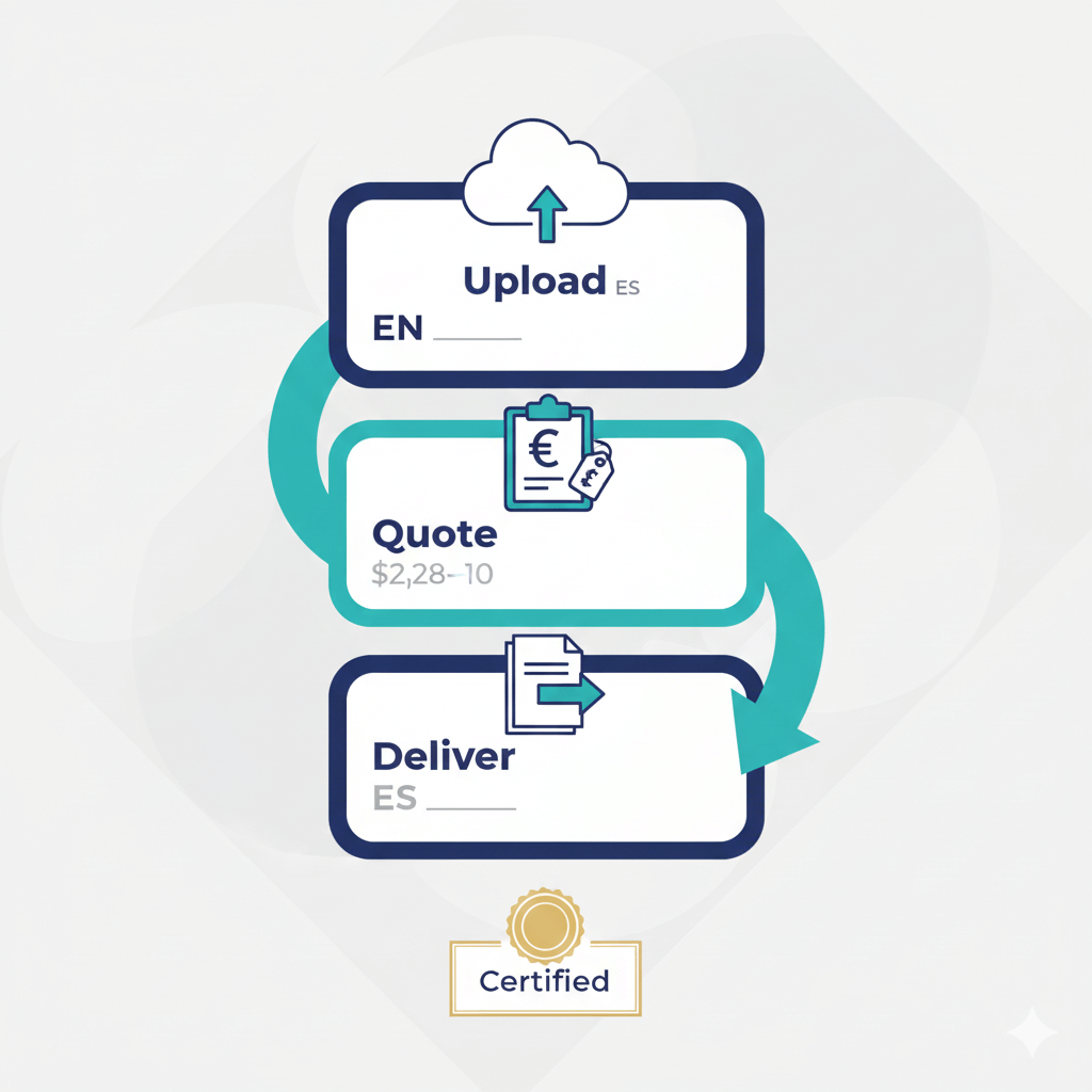 english to spanish workflow infographic showing upload, quote, deliver steps with certified badge
