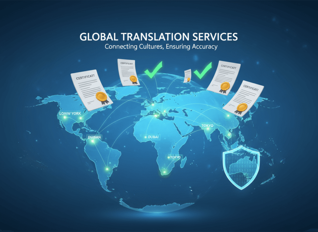 global map with secure certified international translation services connecting major cities