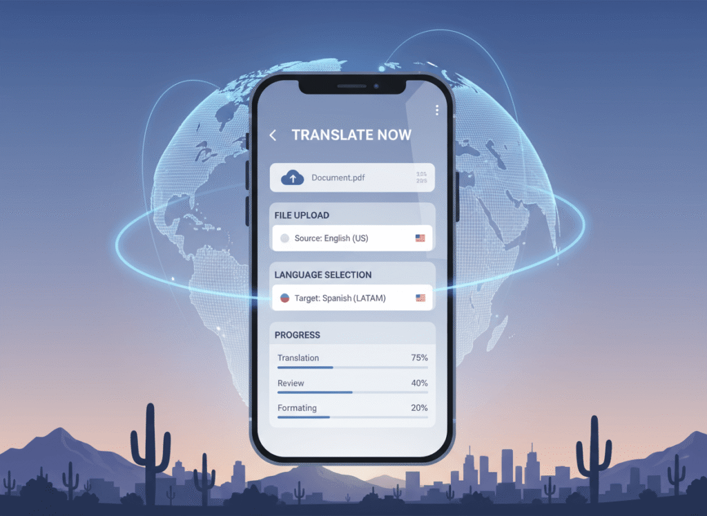 mobile interface of a business translation company providing global language services from phoenix and across the usa