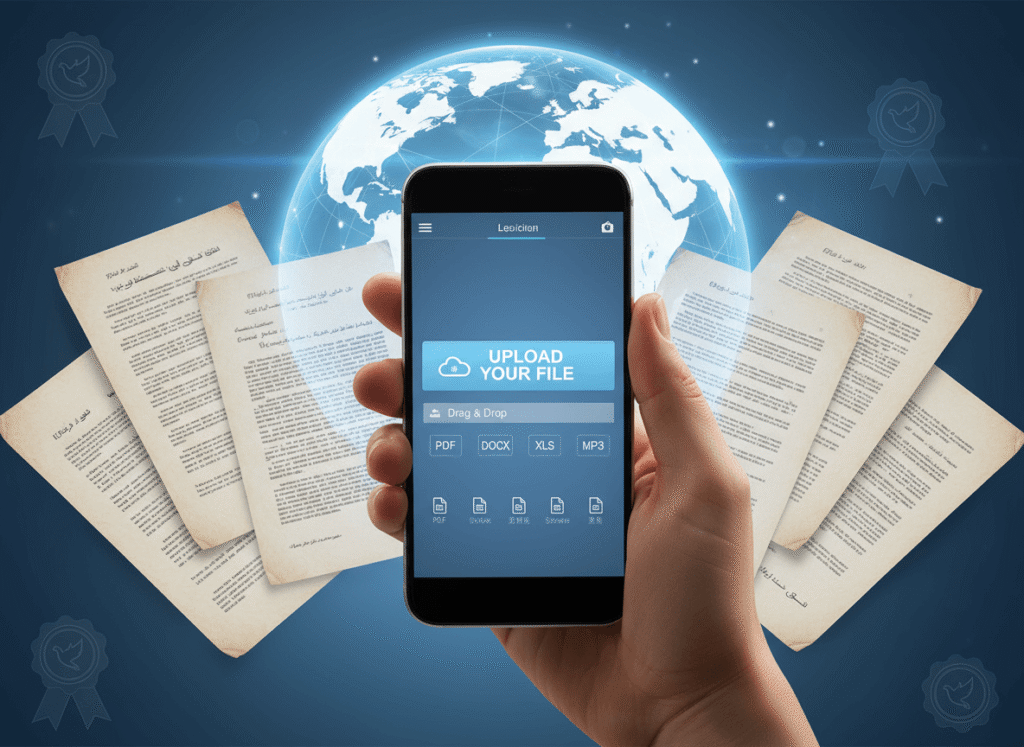 mobile international translation services interface for uploading and receiving certified documents
