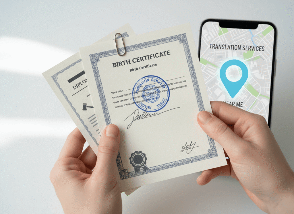 official documents with certified and notarised translation service near me indicated by map pin on phone