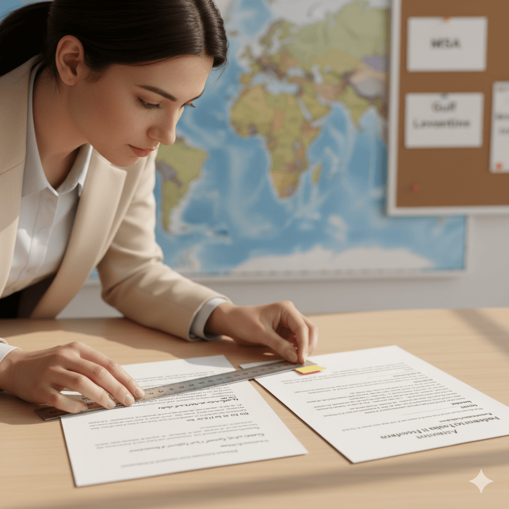 Interpreter in a Philadelphia conference room with certified documents and tablet, representing local translation companies.