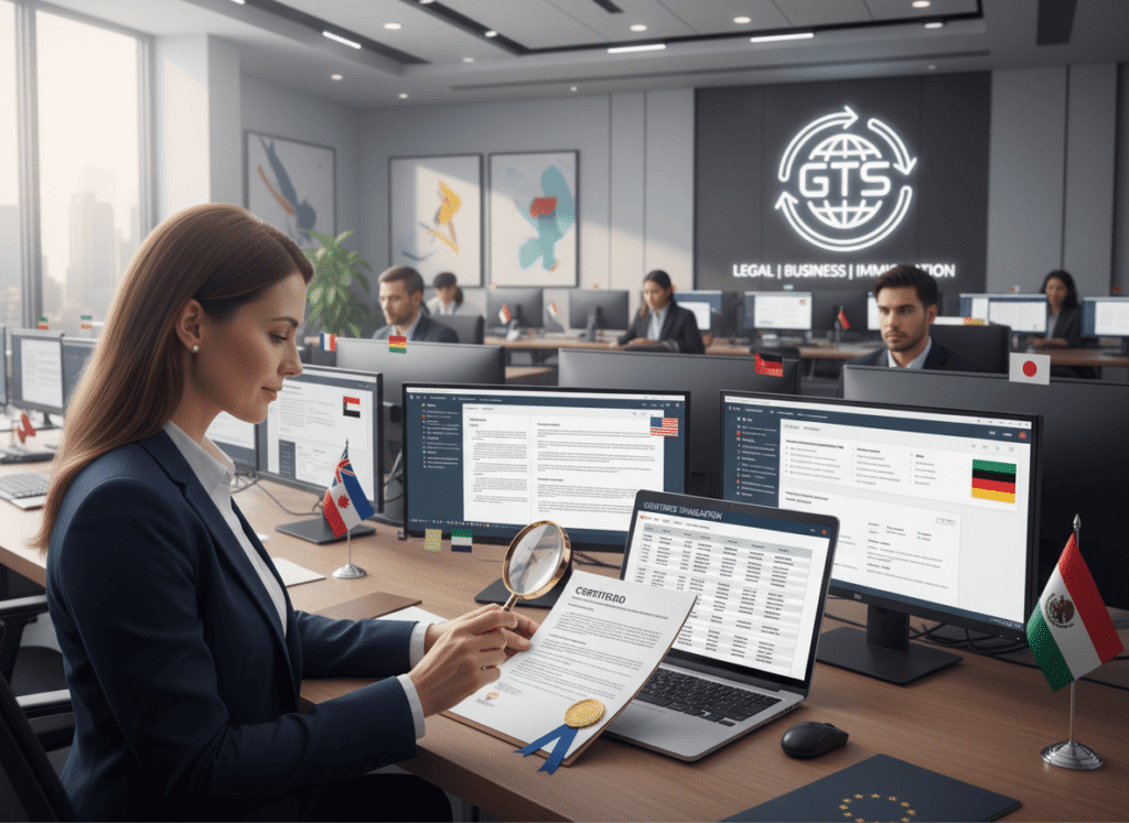 professional workspace of a top translation service reviewing certified global documents