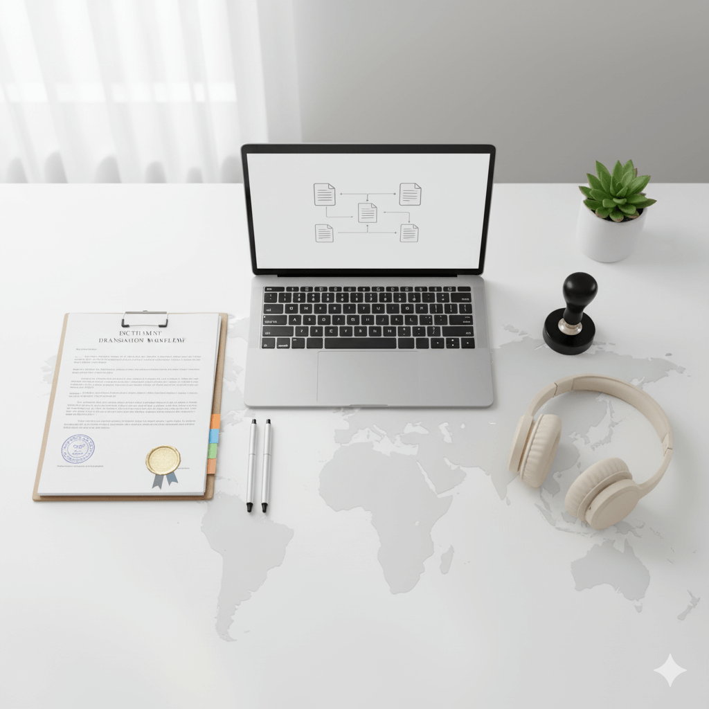top translation services flat-lay with certified documents, laptop, and world map