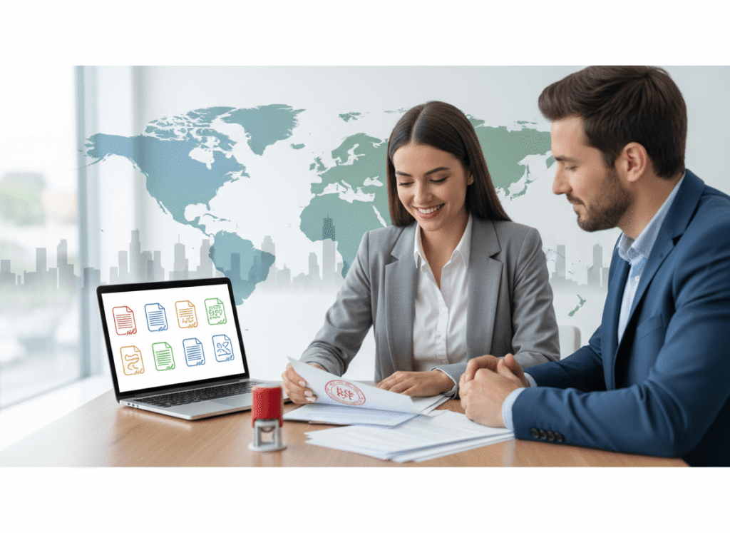 translator and client reviewing certified translations near me with stamped official documents