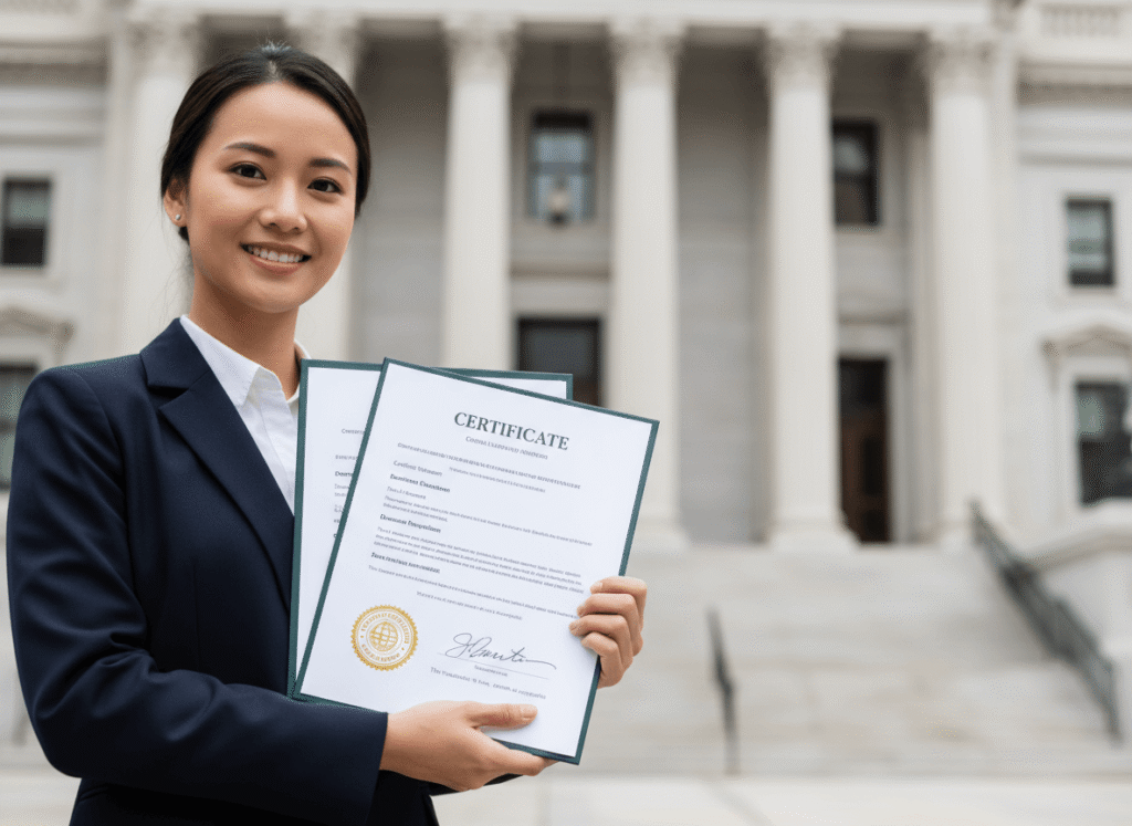 vertical certified translation new york client holding signed sealed document near courthouse