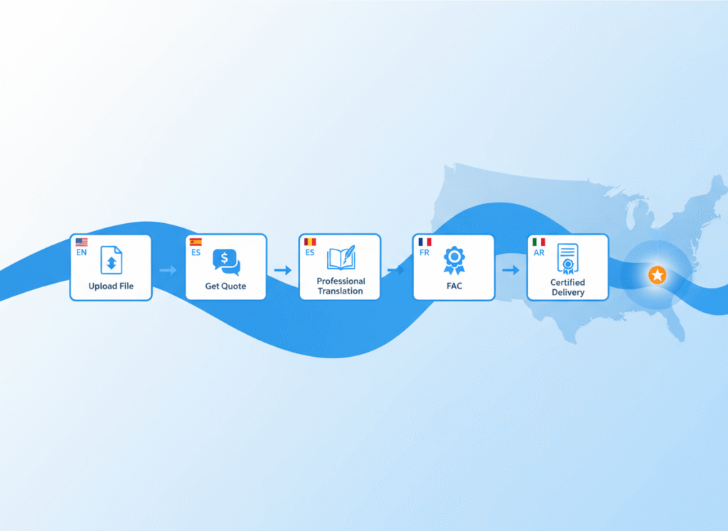 workflow banner of a top language services company showing upload quote translation and certified delivery steps in the usa