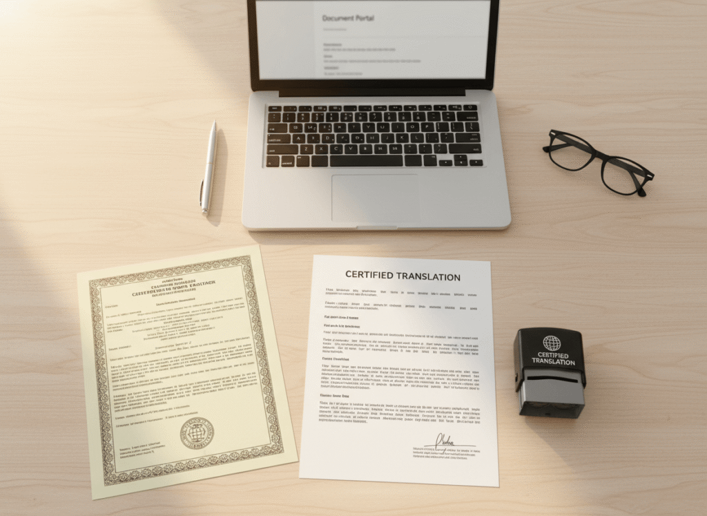 Desk with a birth certificate and certified English translation ready for a USCIS immigration application.