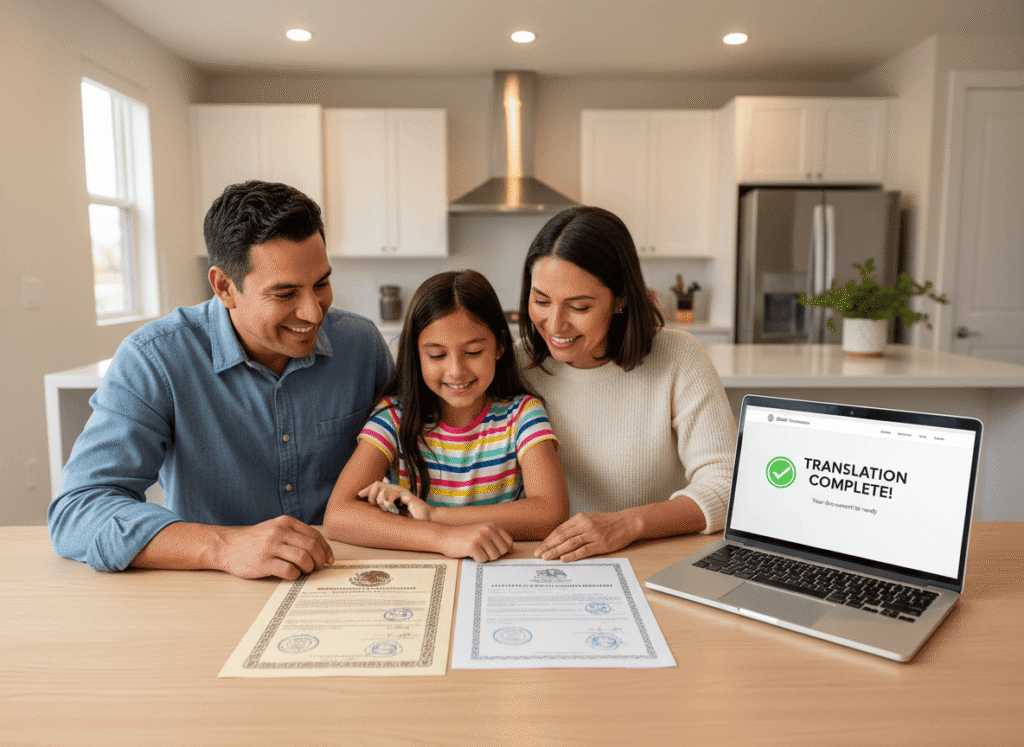 Hispanic family reviewing their translated Mexican birth certificate for a USCIS immigration application at home