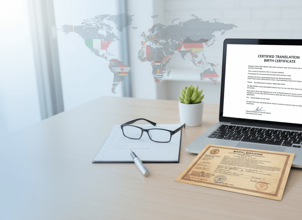 Laptop showing English birth certificate translation next to original foreign document on clean workspace