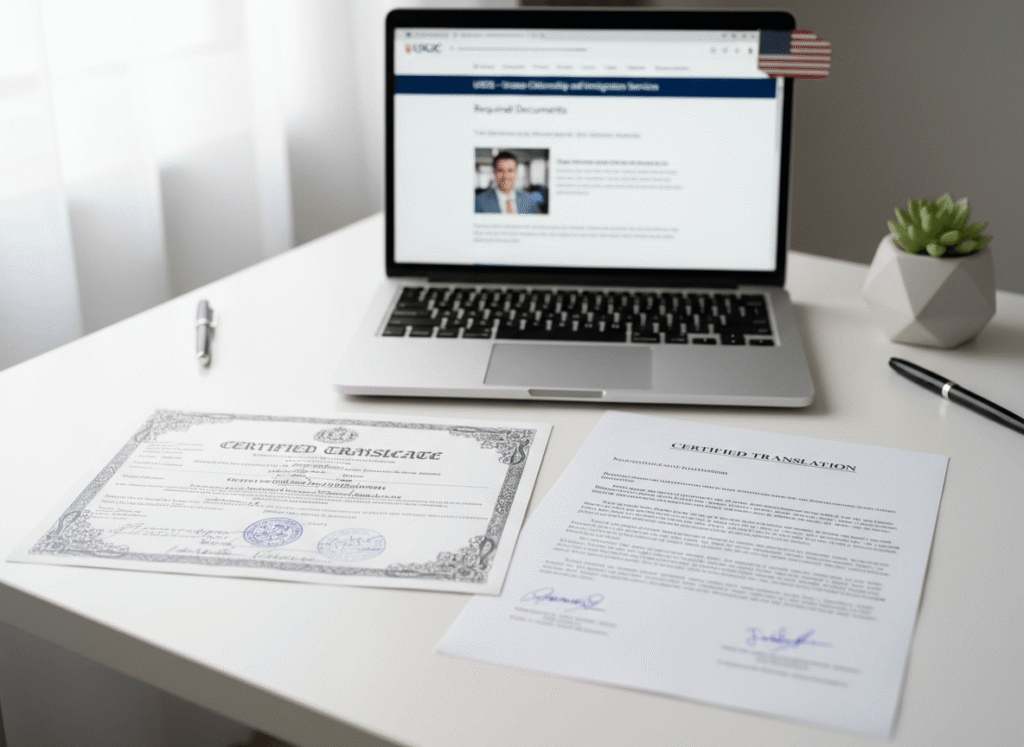 Non-English birth certificate next to certified English translation for USCIS application