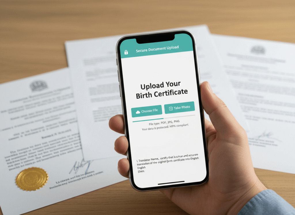 Person uploading birth certificate for certified English translation through secure mobile portal