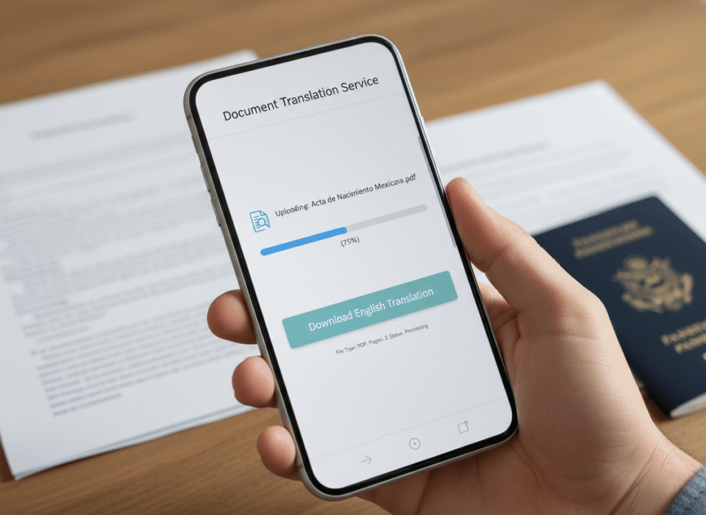 Person using a mobile service to upload and download a certified English translation of a Mexican birth certificate for USCIS