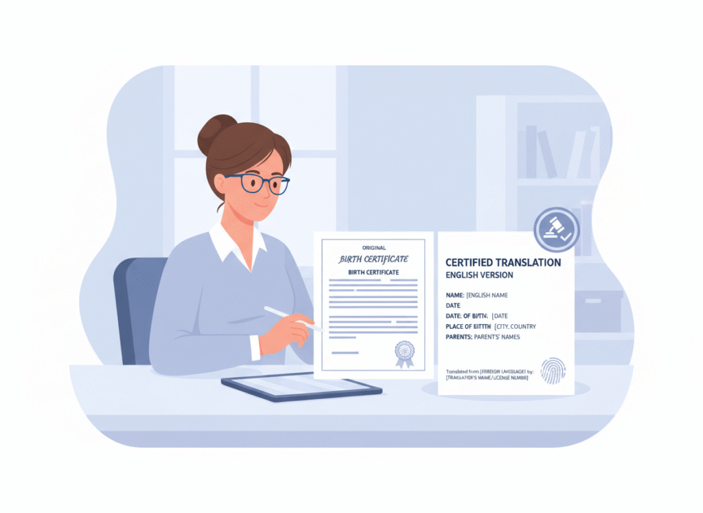 Professional translating birth certificate into English with certified translation stamp on desk