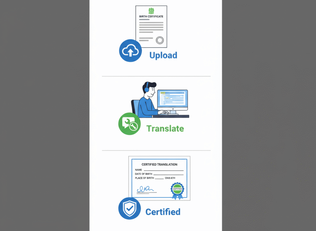 Step-by-step concept of birth certificate translation from upload to certified English document