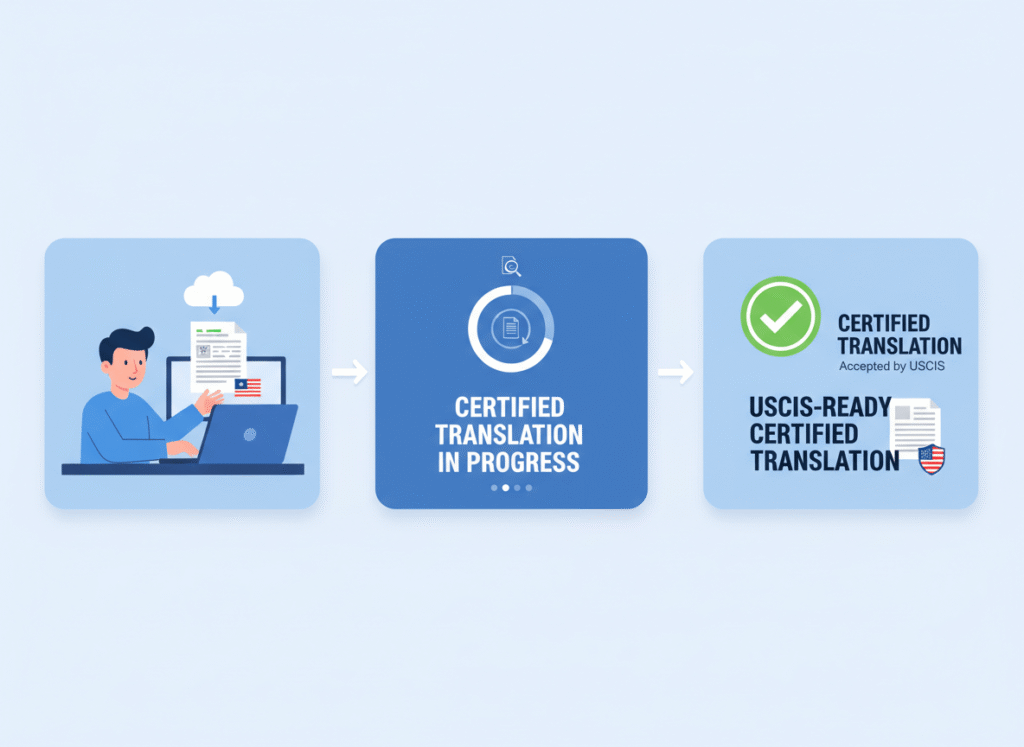 Three-step online process to get a USCIS-ready certified birth certificate translation