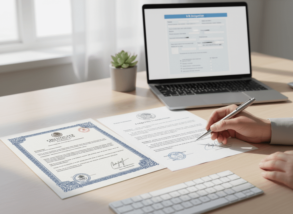 Translator reviewing a Mexican birth certificate and English translation for USCIS submission on a clean office desk