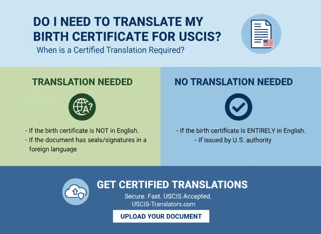 Vertical infographic explaining when a birth certificate must be translated for USCIS