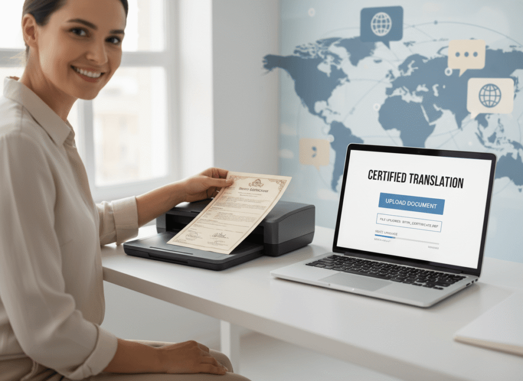 Where can I get my birth certificate translated into English with secure online upload