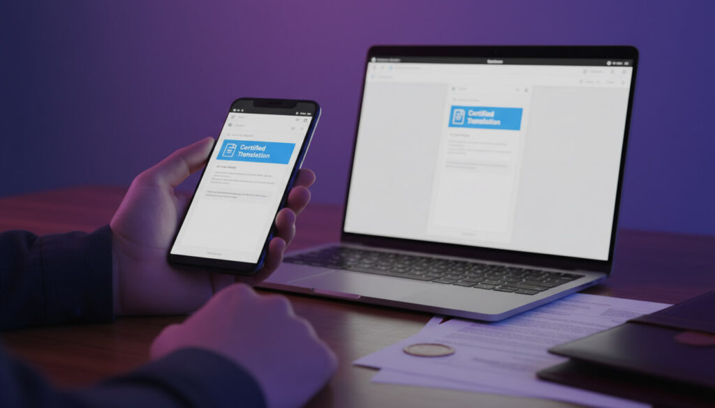 close-up of a smartphone held in one hand and a laptop on a desk, both screens showing an email inbox with a highlighted message