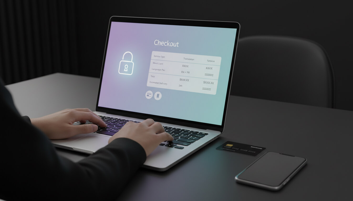 close-up of hands using a laptop on a dark desk, screen shows a clean checkout page with a translation order summary
