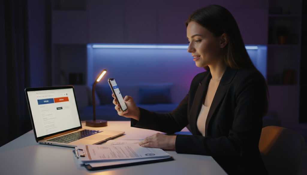 professional in a modern apartment at night, sitting at a desk with a laptop open on a translation website