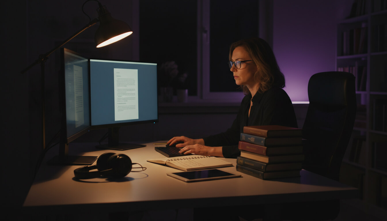 professional translator in a quiet modern office at night, dual monitors showing side-by-side documents in two different languages