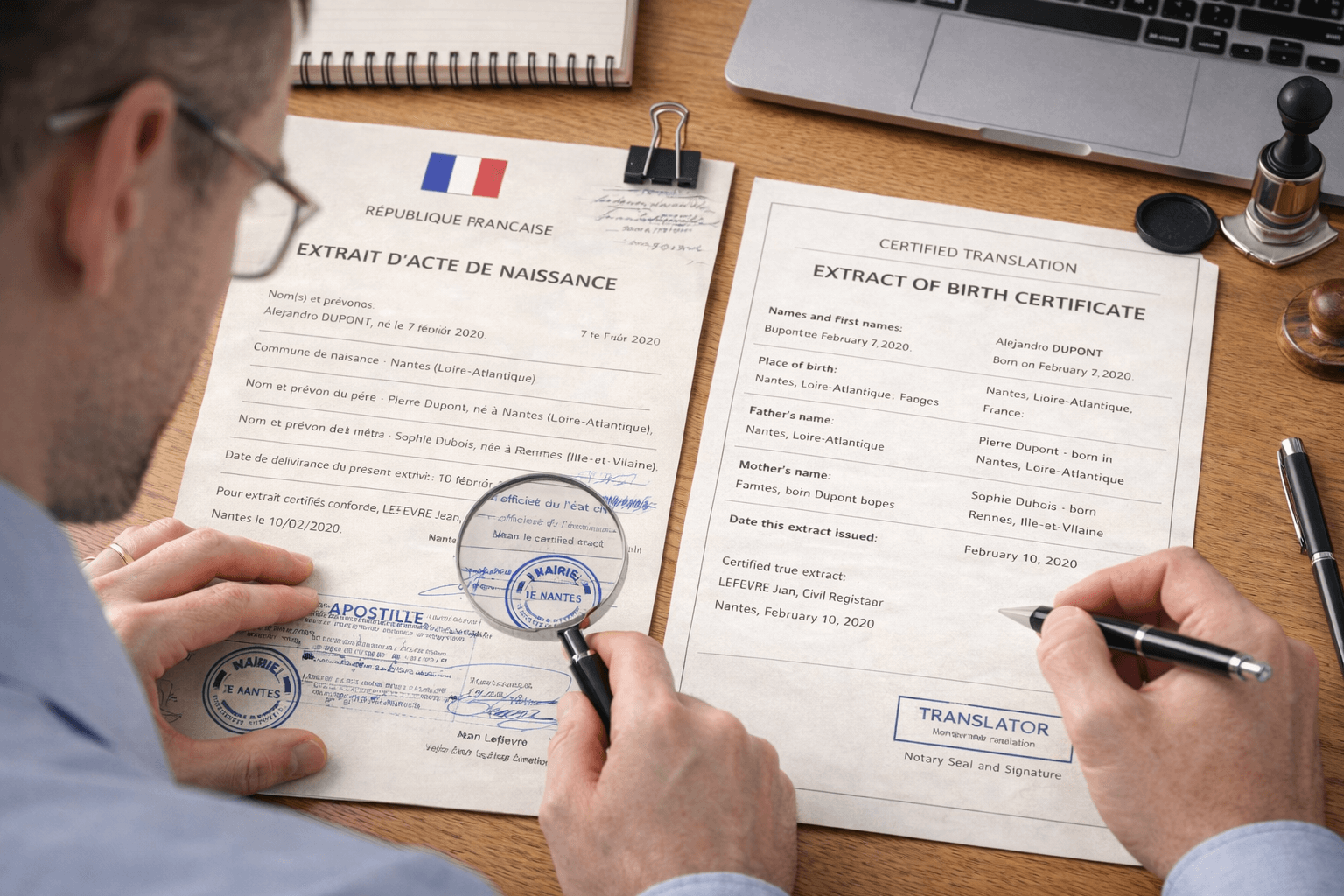 Professional French translation service company translating stamps and handwritten notes