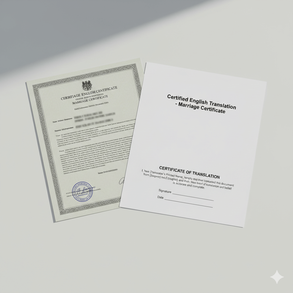 Anonymised marriage certificate beside a certified English translation page with a certificate of translation statement.