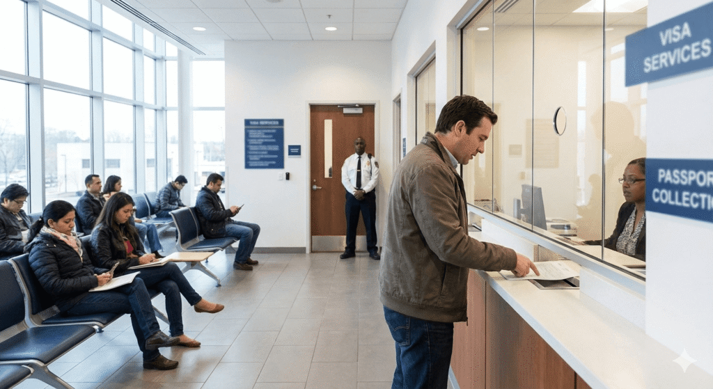 Applicant requesting a preferred interview language at the intake window in Mumbai.