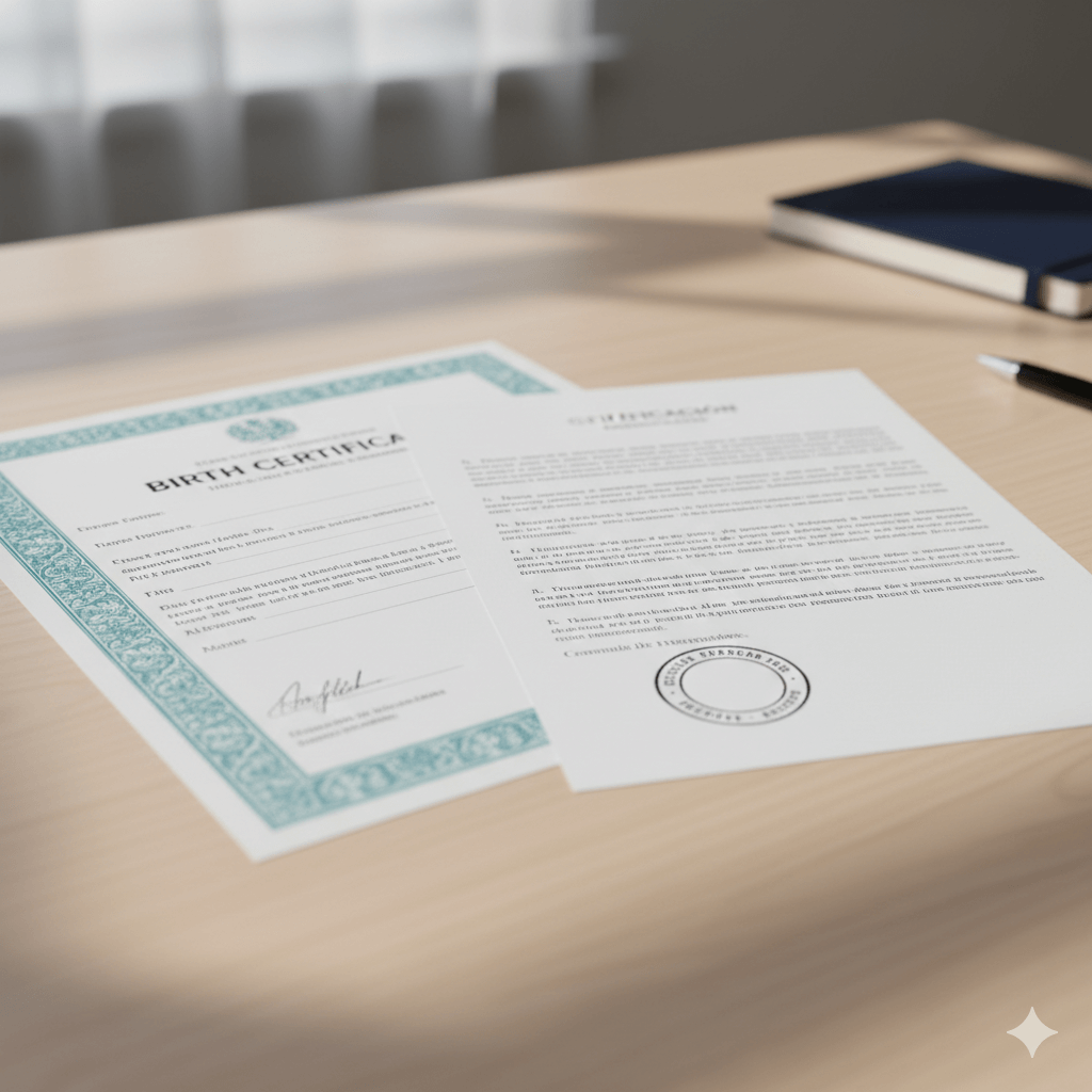Birth certificate and Spanish certified translation on a desk