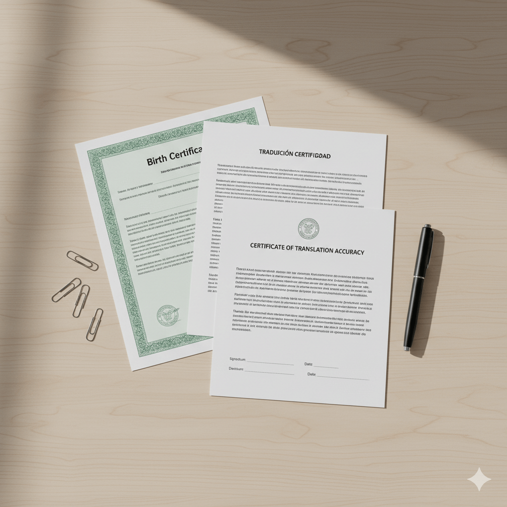 Birth certificate and Spanish translation with a certificate of accuracy on a clean desk.